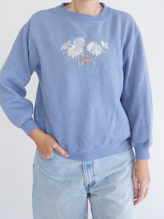 Vintage Alfred Dunner Blue Floral Knit Top Cottagecore Cotton Blend Sweater L - Picture 1 of 8